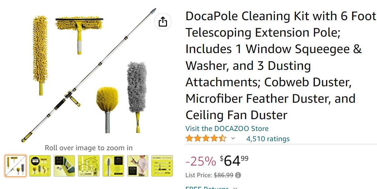 DocaPole Cleaning Kit with 6 Foot Extension Pole; Includes 1 Window Squeegee & Washer, and 3